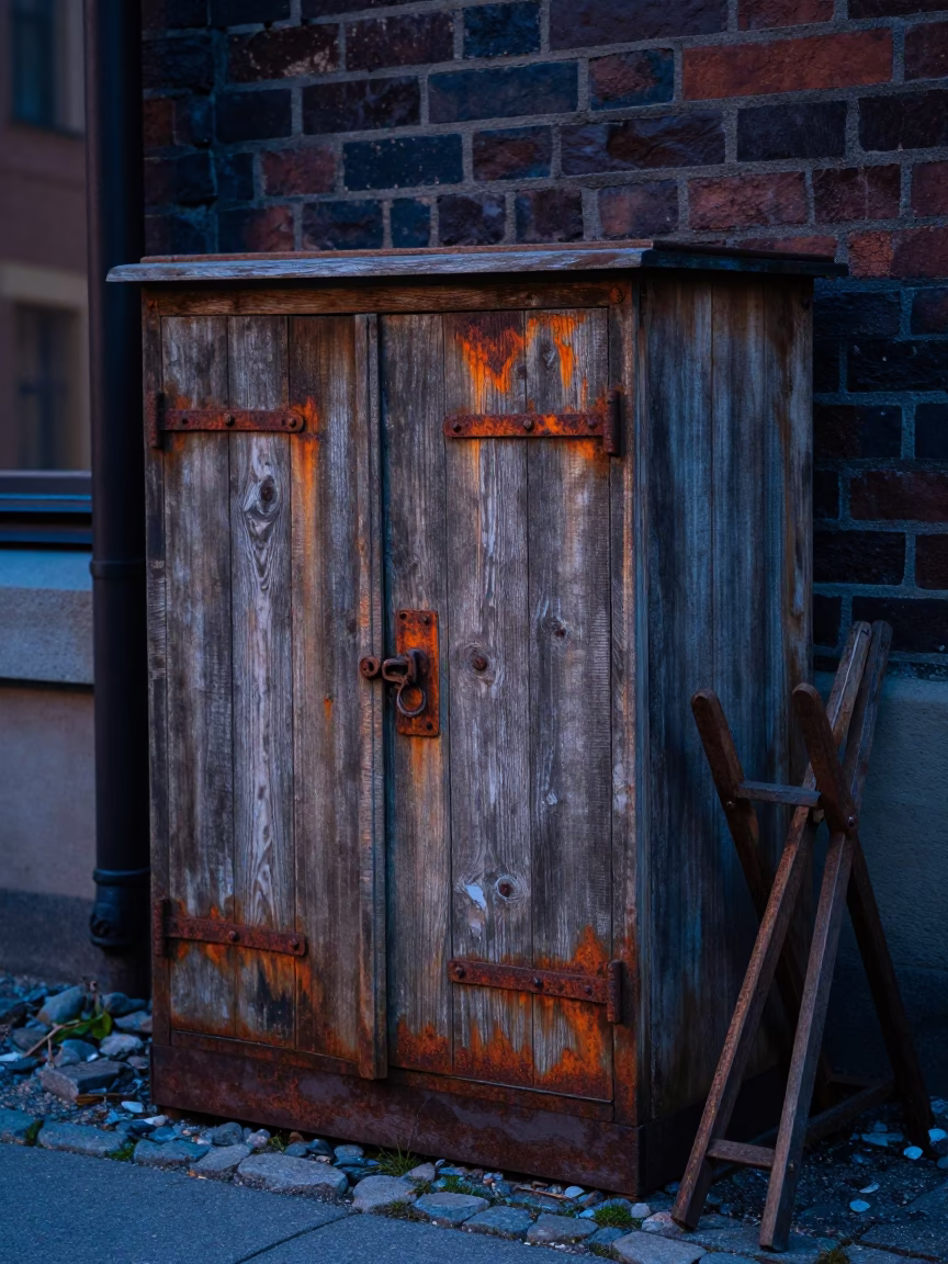 Twilight Street Scene in Stockholm with Rusty Cabinet and Folding Tables in in Stockholm, Sweden