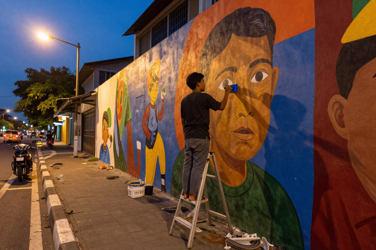 Twilight Street Scene in Surabaya Indonesia with Artist Painting Mural in in Surabaya, Indonesia