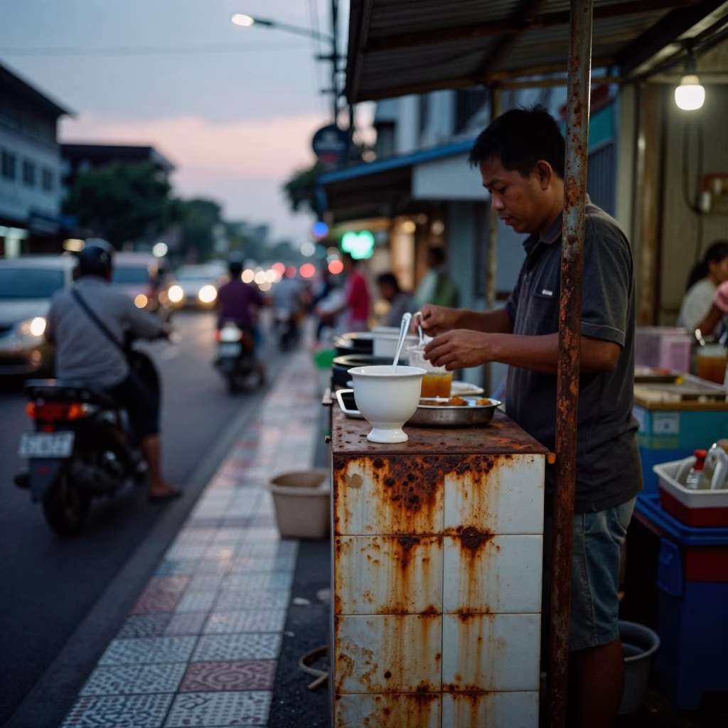 Twilight Street Scene in Surabaya Indonesia with Ceramic Cup and Rusty Tile Details in in Surabaya, Indonesia