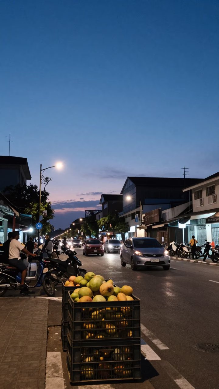 Twilight Street Scene in Surabaya Indonesia with Fruit Crate and Metal Bucket in in Surabaya, Indonesia