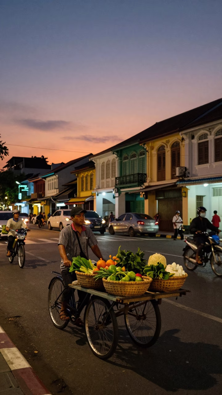 Twilight Street Scene in Surabaya Indonesia with Local Vendor and Bicycle in in Surabaya, Indonesia