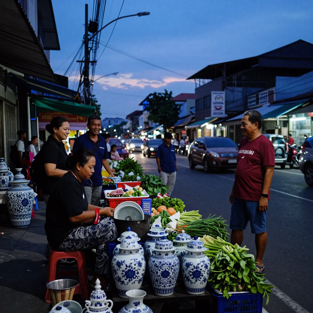 Twilight Street Scene in Surabaya Indonesia with Local Vendor and Porcelain Jar in in Surabaya, Indonesia