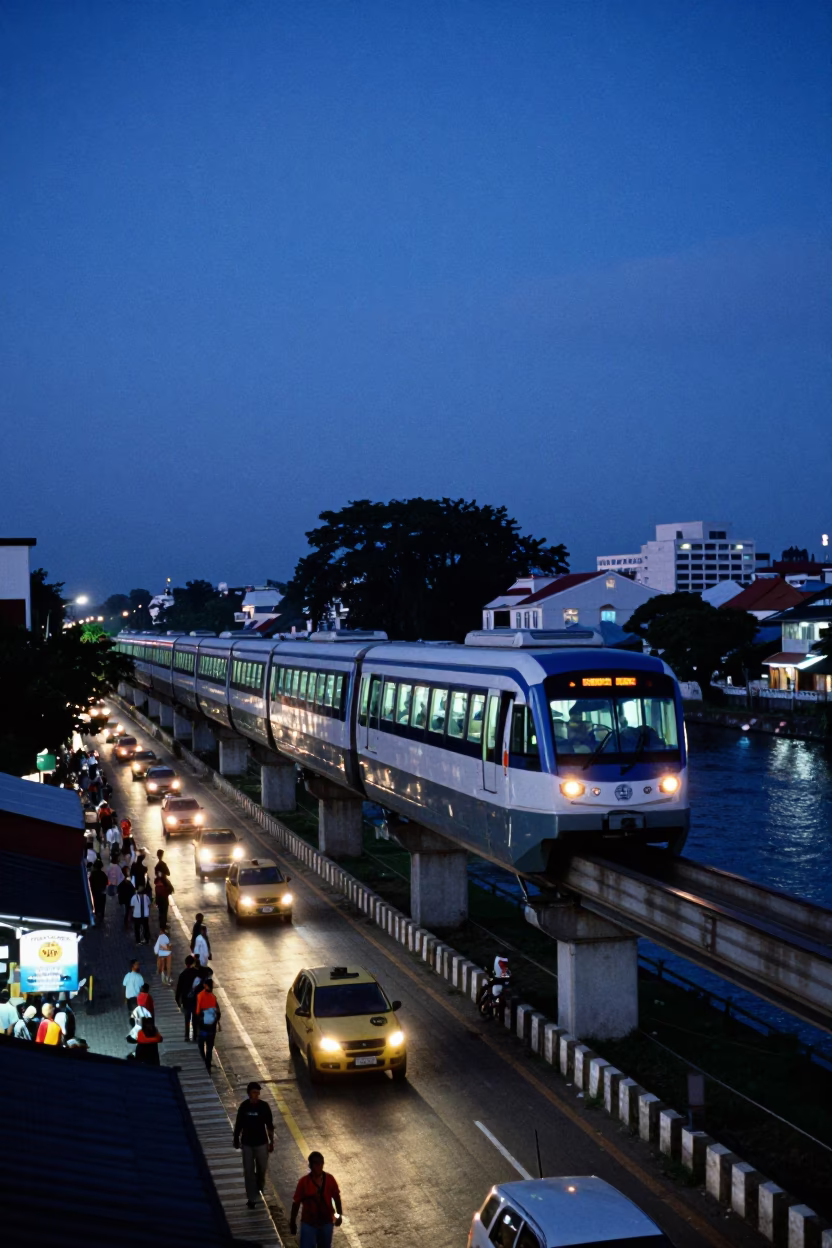 Twilight Street Scene in Surabaya Indonesia with Monorail and Local Activity in in Surabaya, Indonesia