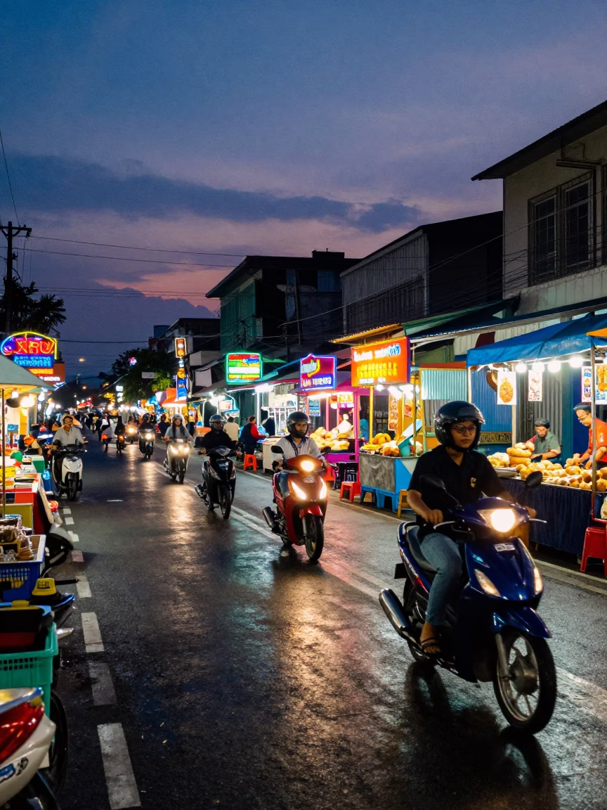 Twilight Street Scene in Surabaya Indonesia with Motorbikes and Colorful Stalls in in Surabaya, Indonesia