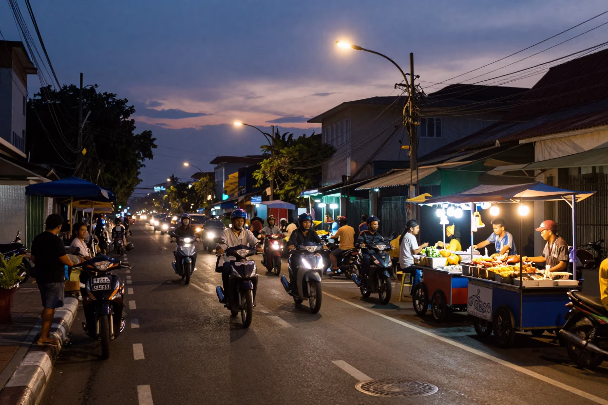 Twilight Street Scene in Surabaya Indonesia with Motorbikes and Local Food Stalls in in Surabaya, Indonesia