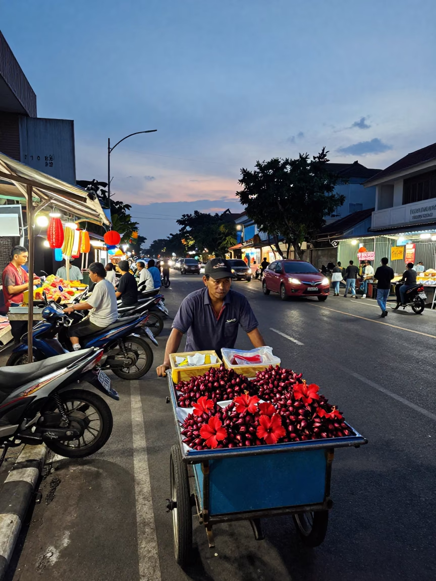 Twilight Street Scene in Surabaya Indonesia with Motorbikes and Local Food Vendors in in Surabaya, Indonesia