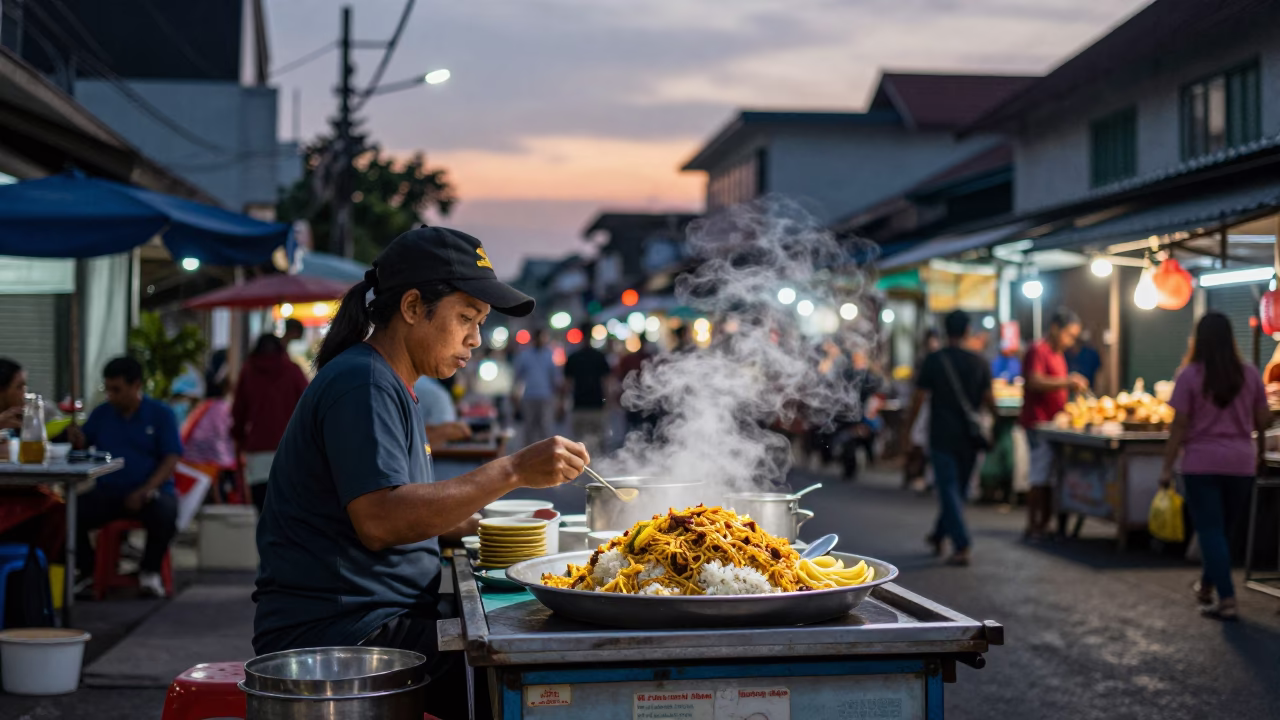Twilight Street Scene in Surabaya Indonesia with Nasi Goreng and Local Market Activity in in Surabaya, Indonesia