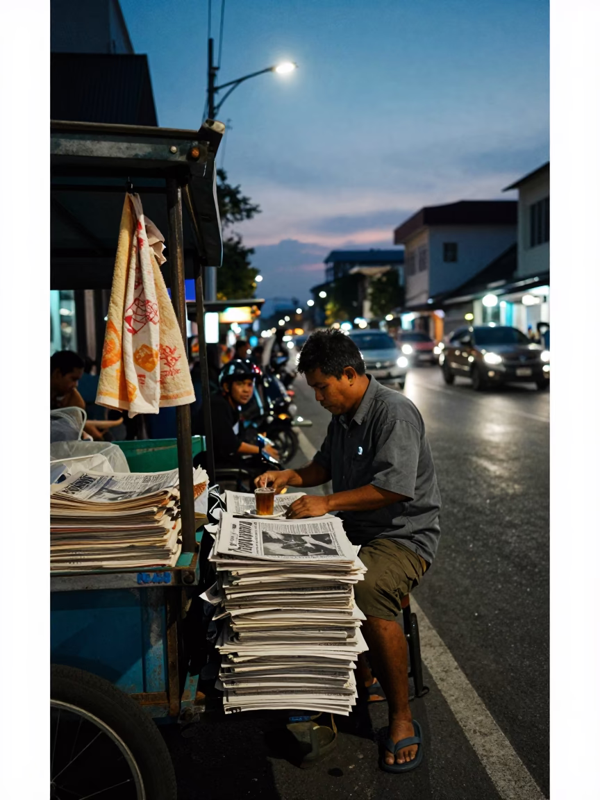 Twilight Street Scene in Surabaya Indonesia with Newspaper Stack and Tea Towel in in Surabaya, Indonesia
