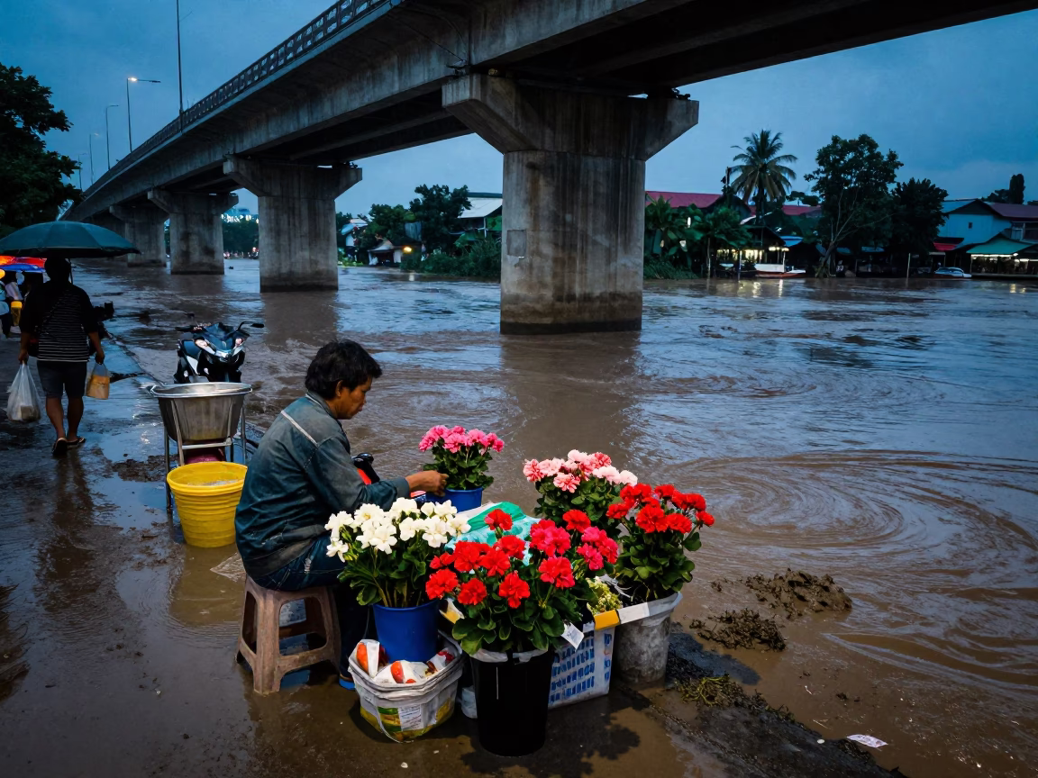 Twilight street scene in Surabaya Indonesia with vendor and muddy bridge water in in Surabaya, Indonesia