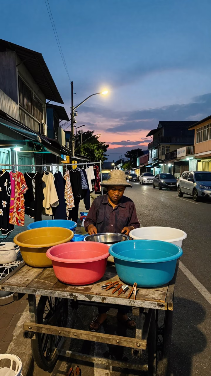 Twilight Street Scene in Surabaya Indonesia with Vintage Laundry and Urban Life in in Surabaya, Indonesia