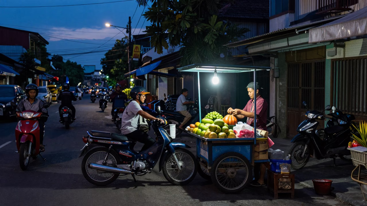 Twilight Street Scene in Surabaya Indonesia with Vintage Motorcycles and Local Life in in Surabaya, Indonesia