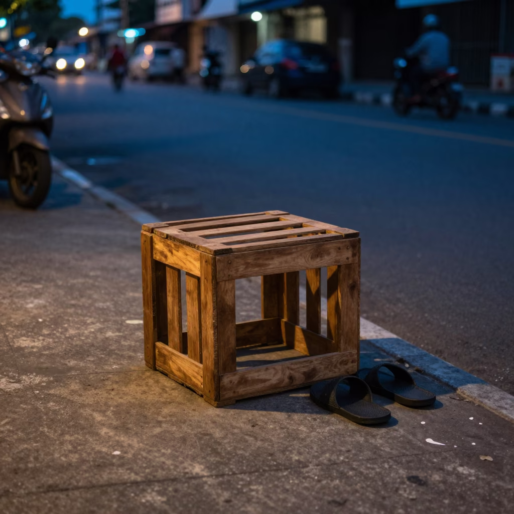 Twilight Street Scene in Surabaya Indonesia with Wooden Crate and Slippers in in Surabaya, Indonesia