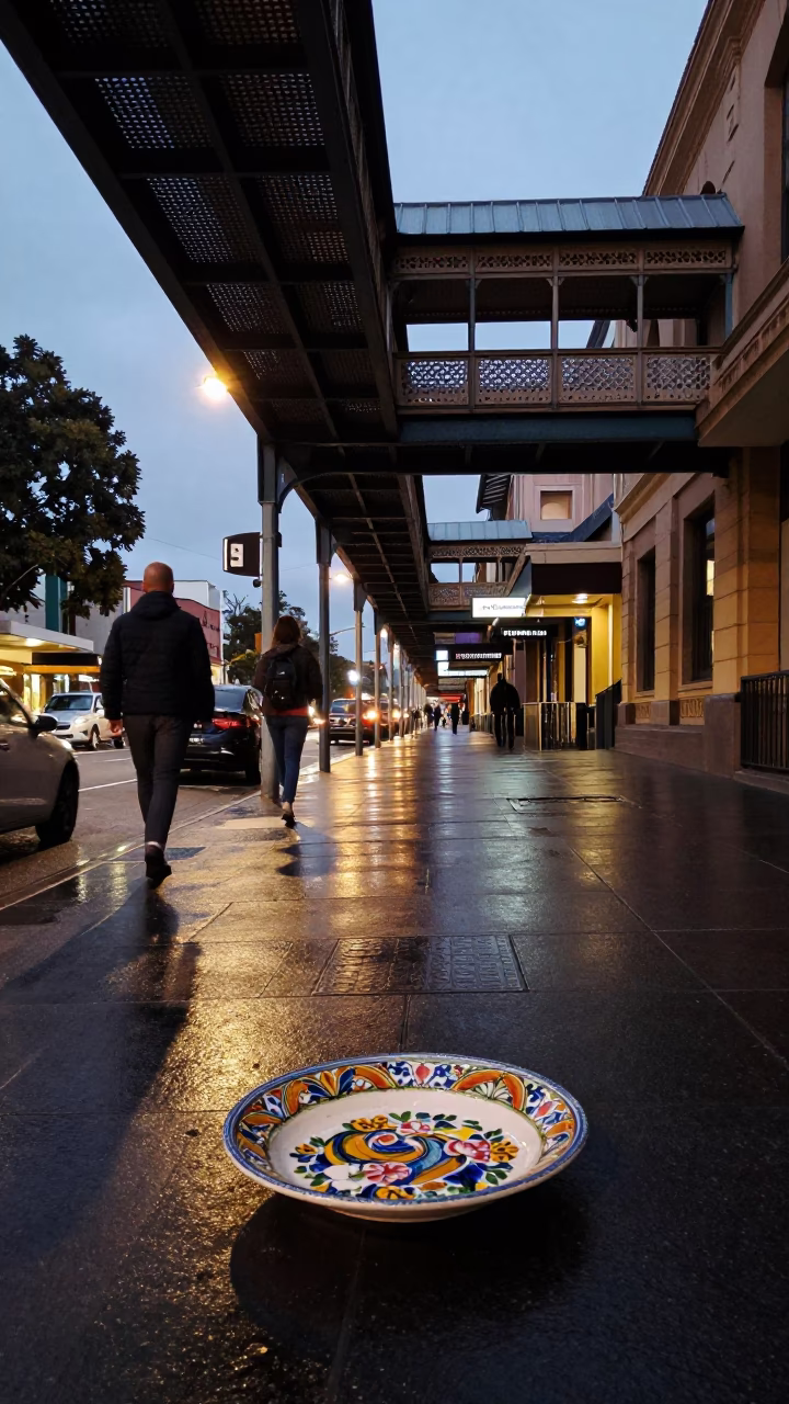 Twilight Street Scene in Sydney NSW Featuring Vintage Majolica Plate and Pedestrian Overpass in in Sydney, New South Wales, Australia