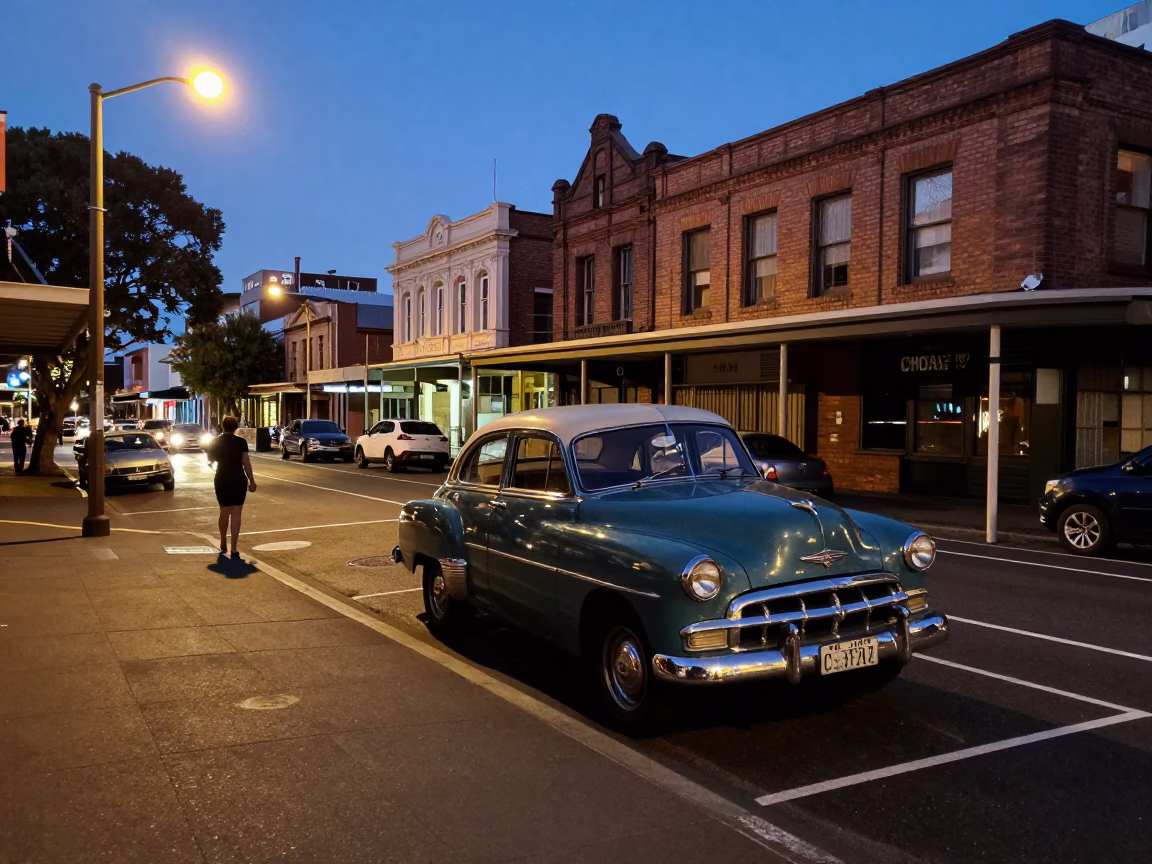 Twilight Street Scene in Sydney with Vintage Car and Local Shopkeeper in in Sydney, New South Wales, Australia