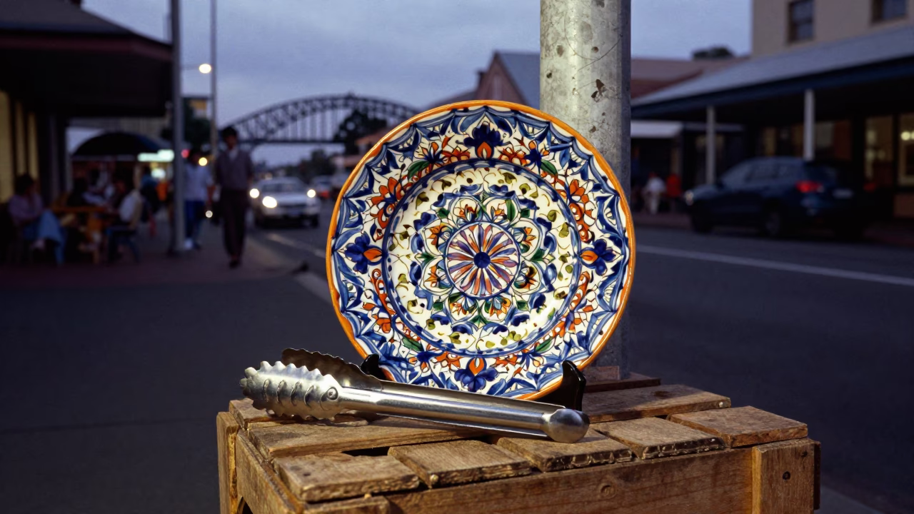 Twilight street scene in Sydney with vintage majolica plate and kitchen tongs in in Sydney, New South Wales, Australia