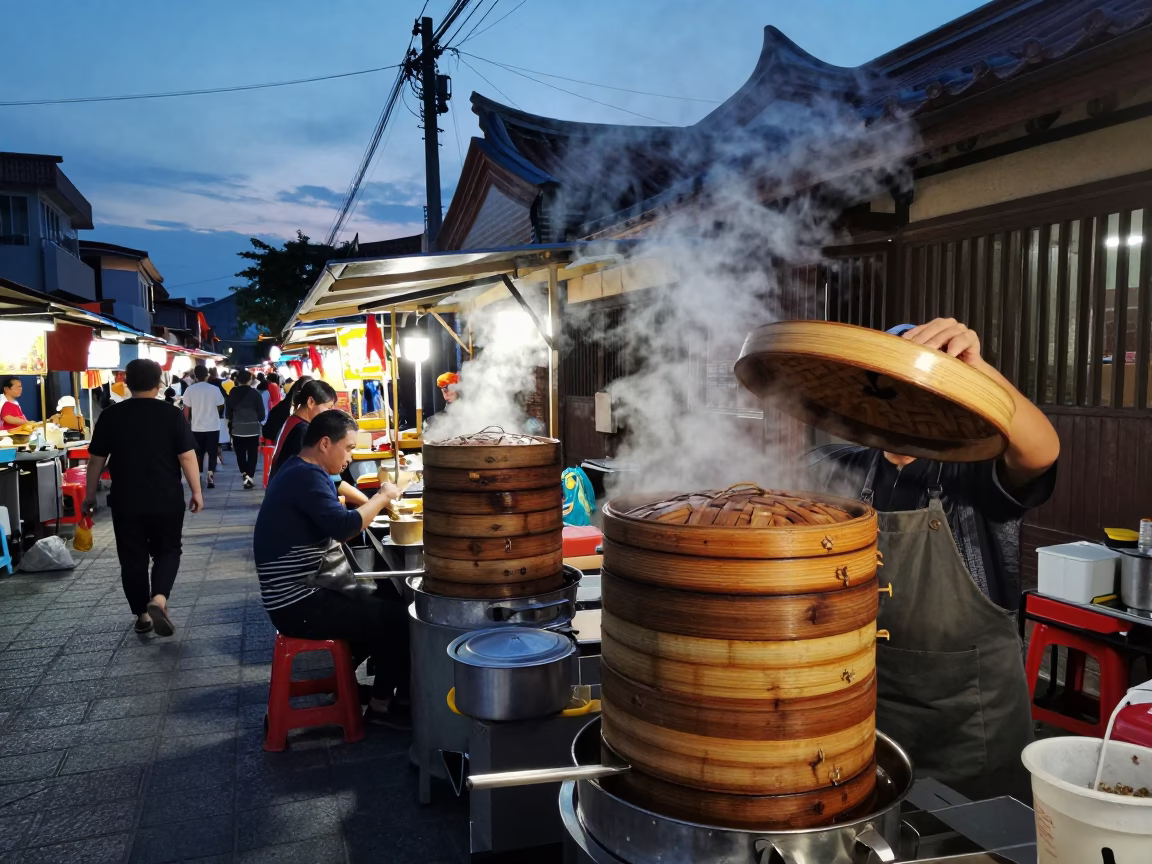 Twilight Street Scene in Tainan Taiwan with Bamboo Steamers and Local Dining in in Tainan, Taiwan