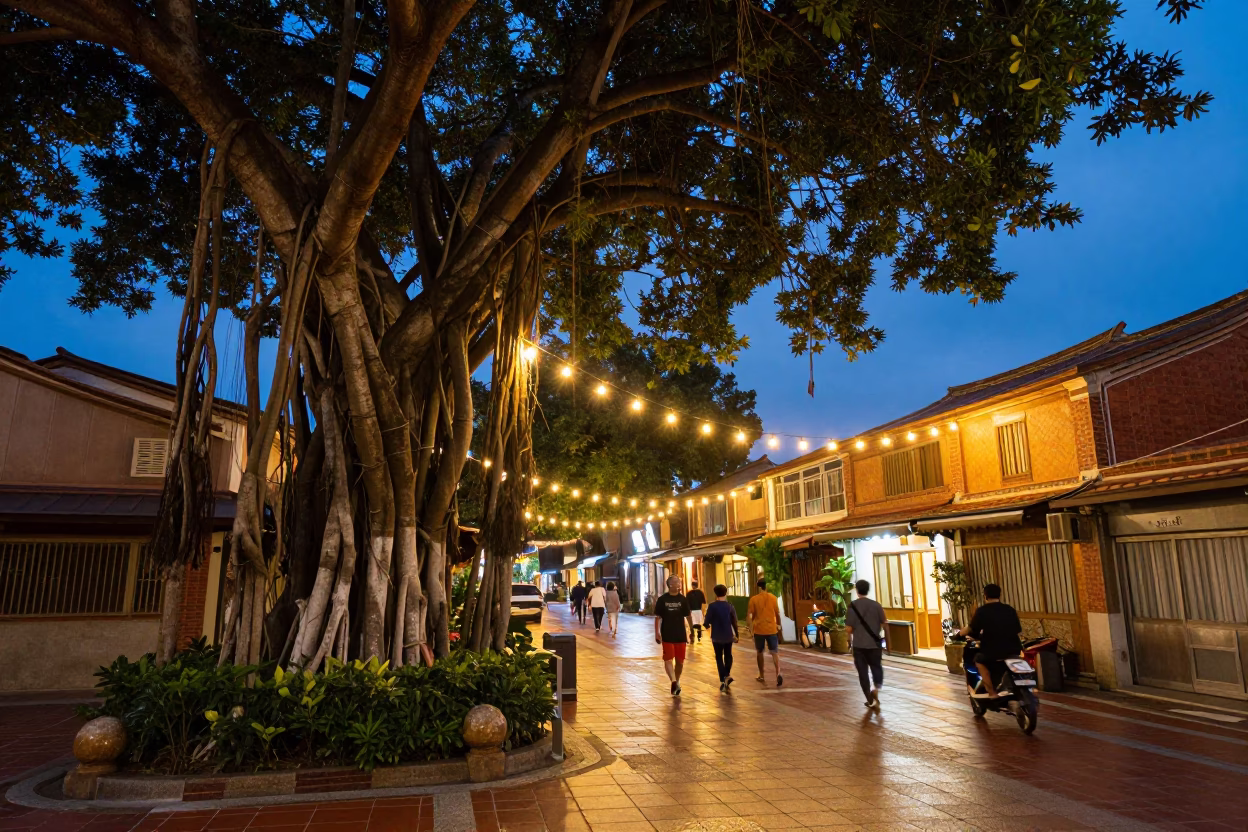 Twilight Street Scene in Tainan Taiwan with Banyan Tree and String Lights in in Tainan, Taiwan