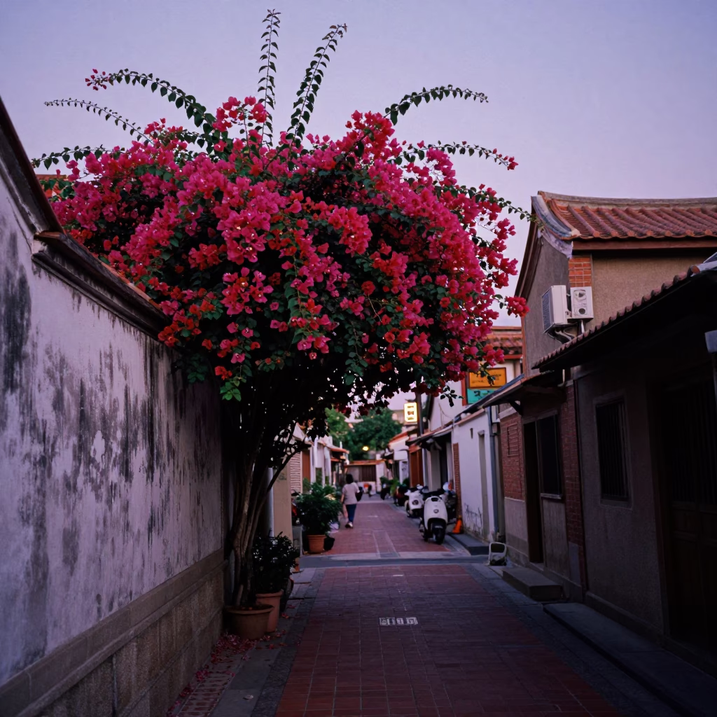 Twilight Street Scene in Tainan Taiwan with Bougainvillea and Local Life in in Tainan, Taiwan