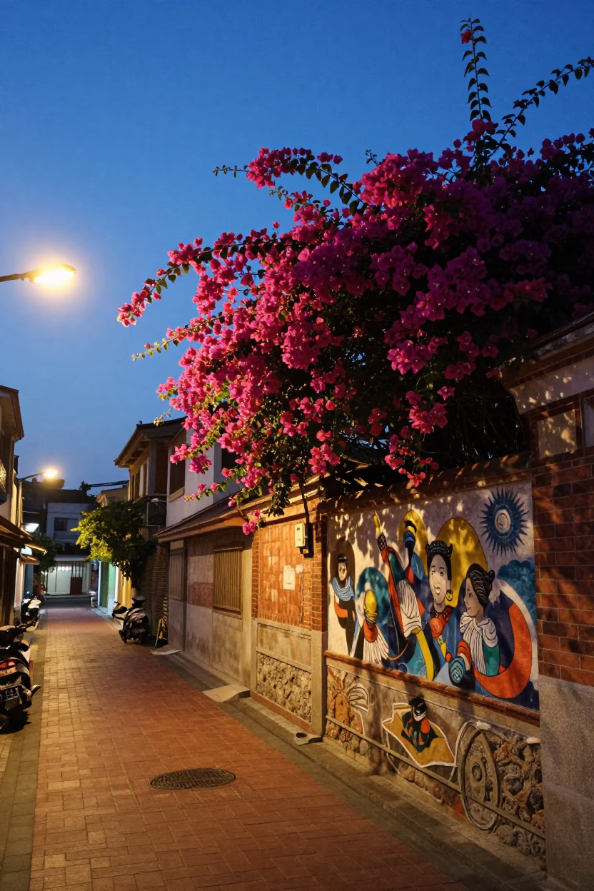 Twilight Street Scene in Tainan Taiwan with Bougainvillea and Mural Art in in Tainan, Taiwan