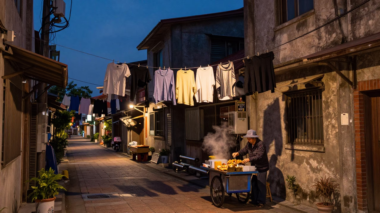 Twilight Street Scene in Tainan Taiwan with Clothesline and Urban Details in in Tainan, Taiwan