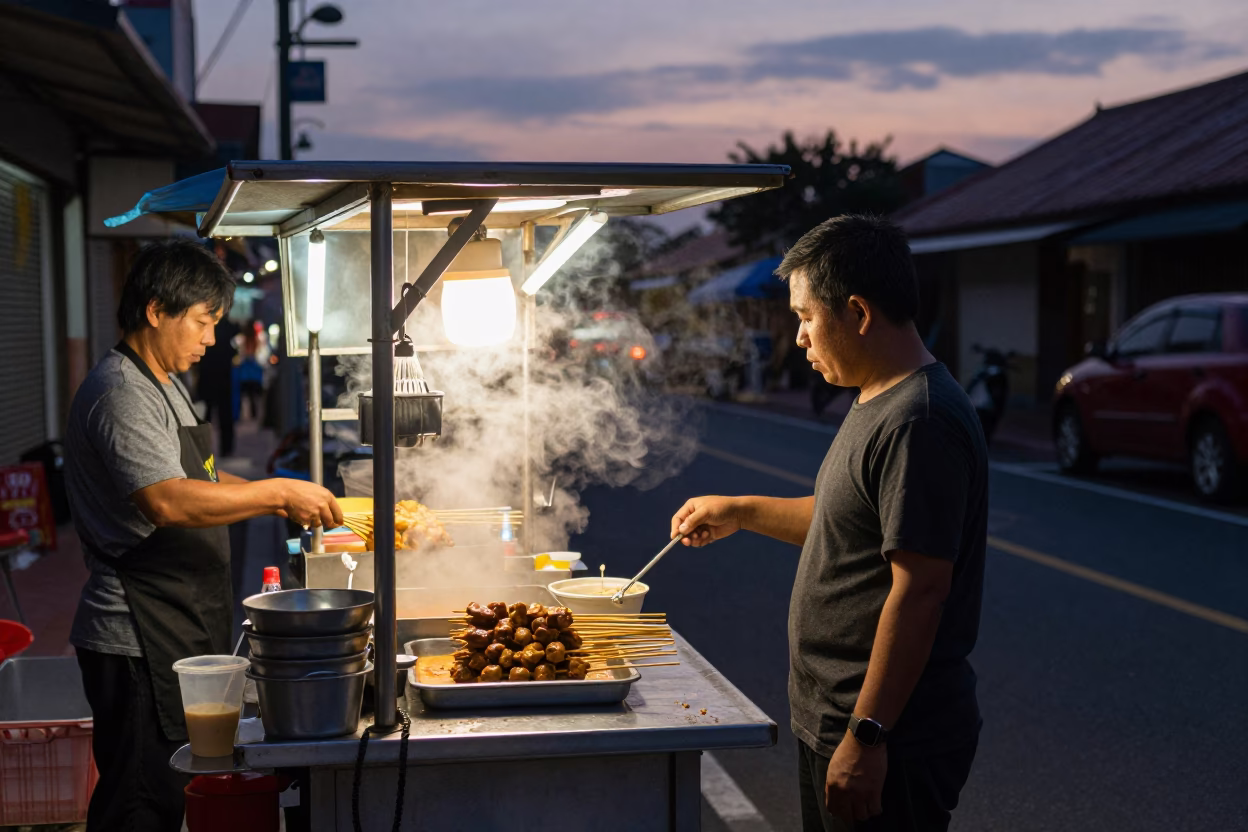 Twilight street scene in Tainan Taiwan with food vendor and parallel rail lines in in Tainan, Taiwan