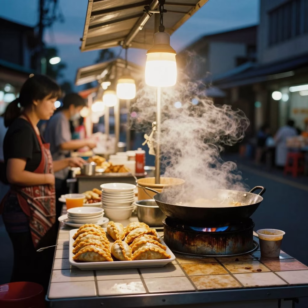 Twilight Street Scene in Tainan Taiwan with Local Street Food and Evening Ambiance in in Tainan, Taiwan