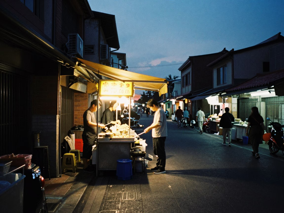 Twilight Street Scene in Tainan Taiwan with Mandu Dumplings and Local Atmosphere in in Tainan, Taiwan