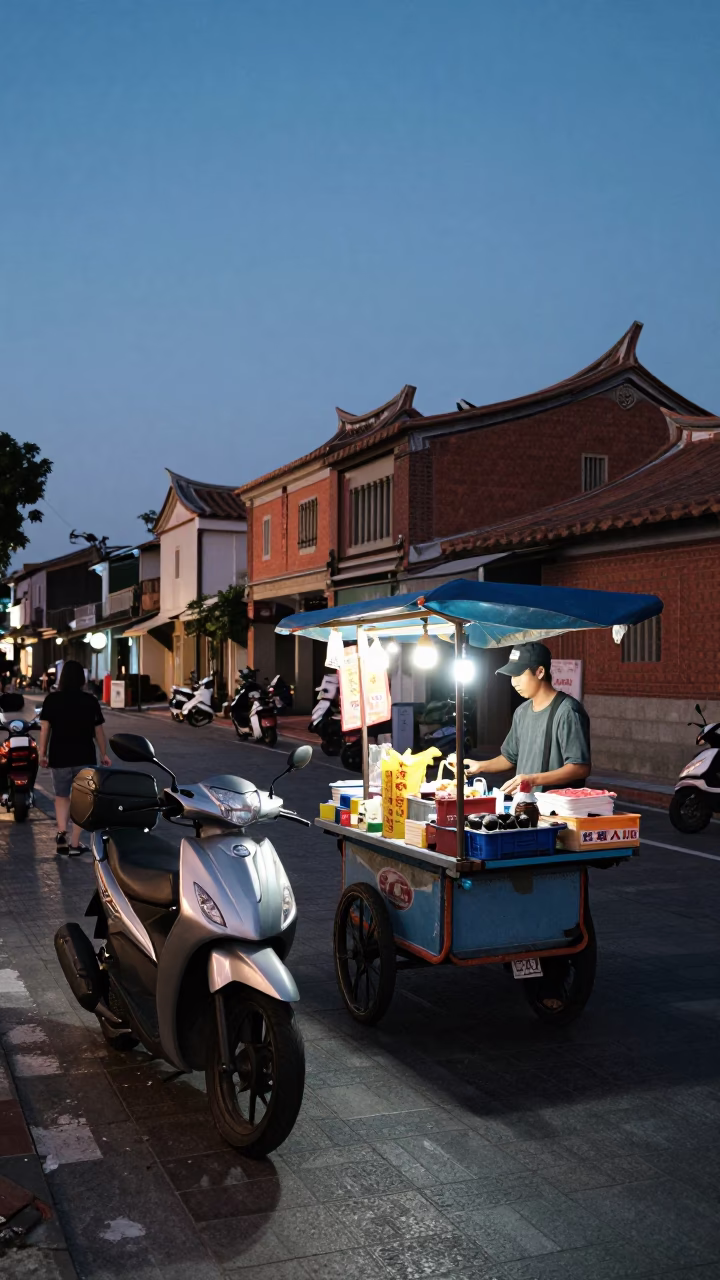 Twilight Street Scene in Tainan Taiwan with Motorcycle and Local Vendor Activity in in Tainan, Taiwan