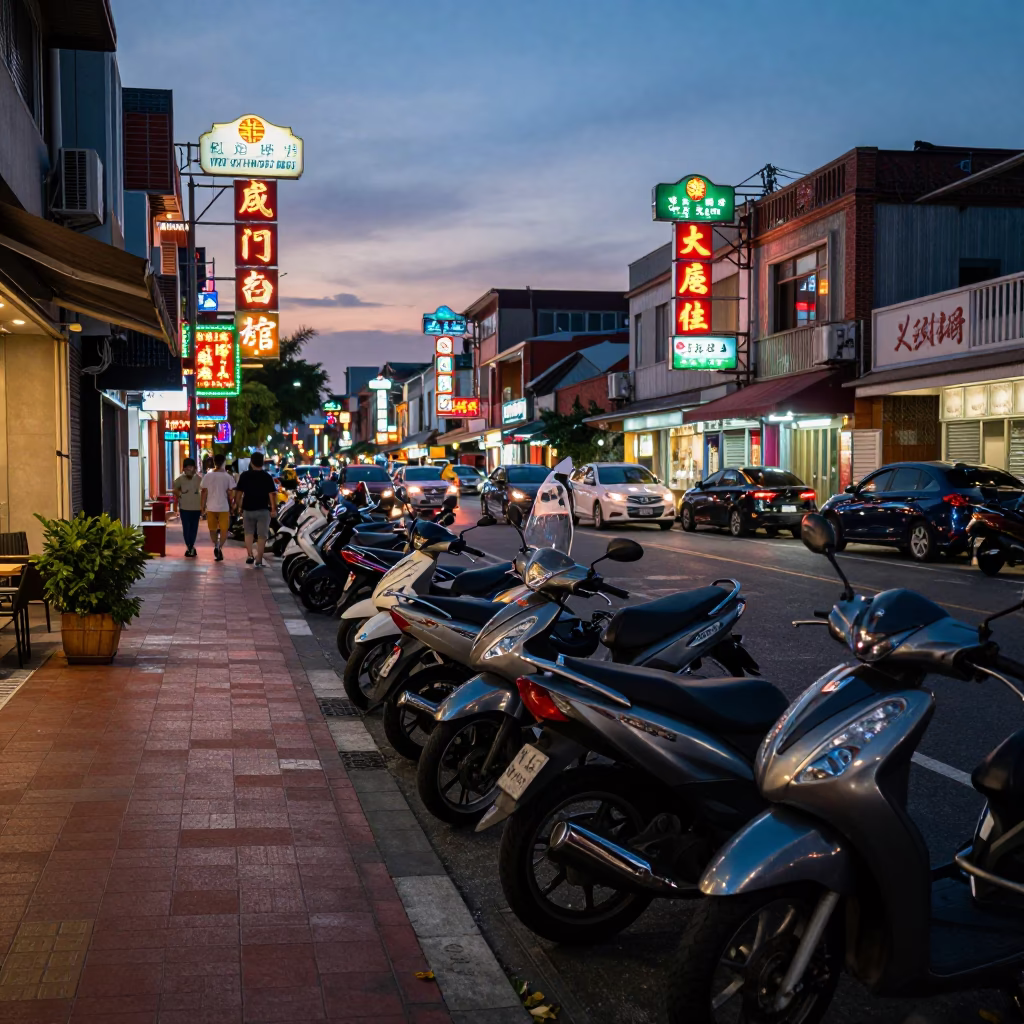 Twilight Street Scene in Tainan Taiwan with Motorcycles and Neon Signs in in Tainan, Taiwan