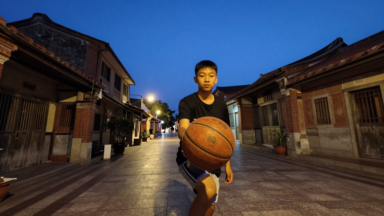 Twilight Street Scene in Tainan Taiwan with Old Leather Basketball and Rust in in Tainan, Taiwan