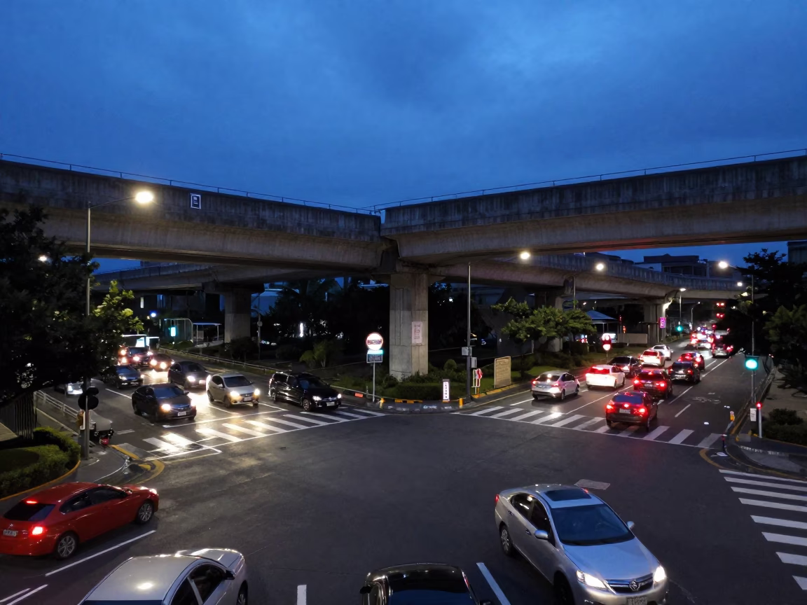 Twilight Street Scene in Tainan Taiwan with Overpass Interchange and Taillight Streaks in in Tainan, Taiwan