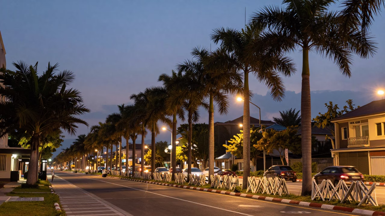 Twilight Street Scene in Tainan Taiwan with Palm Trees and Folding Stools in in Tainan, Taiwan