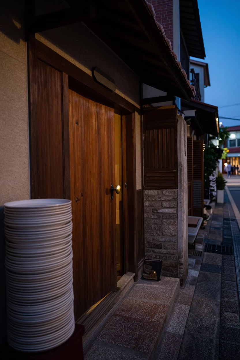 Twilight Street Scene in Tainan Taiwan with Stacked Plates and Doorknob Details in in Tainan, Taiwan