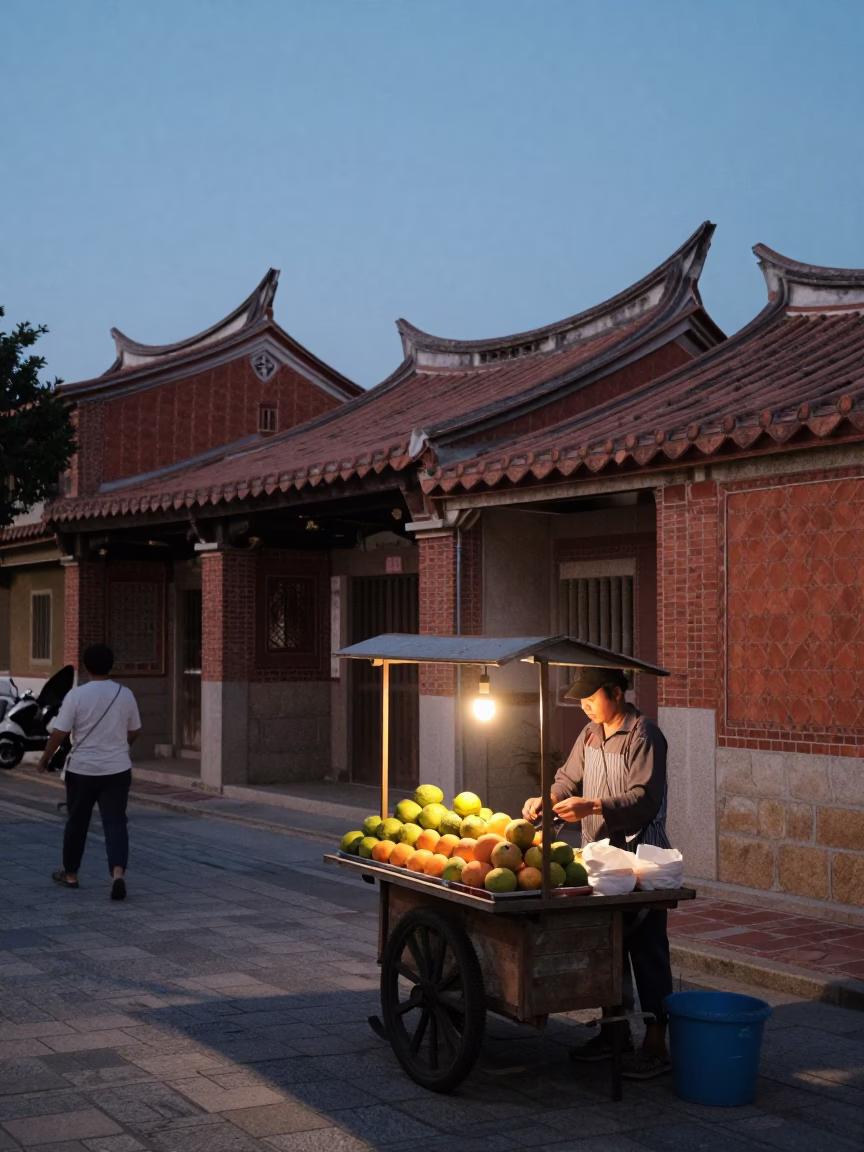 Twilight Street Scene in Tainan Taiwan with Traditional Architecture and Local Activity in in Tainan, Taiwan