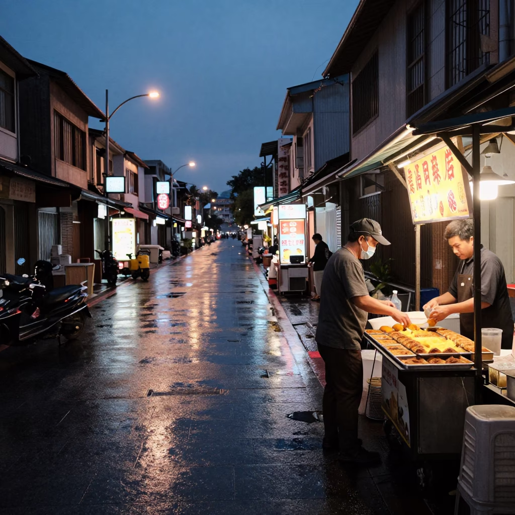 Twilight Street Scene in Tainan Taiwan with Wet Pavement and Local Dining in in Tainan, Taiwan