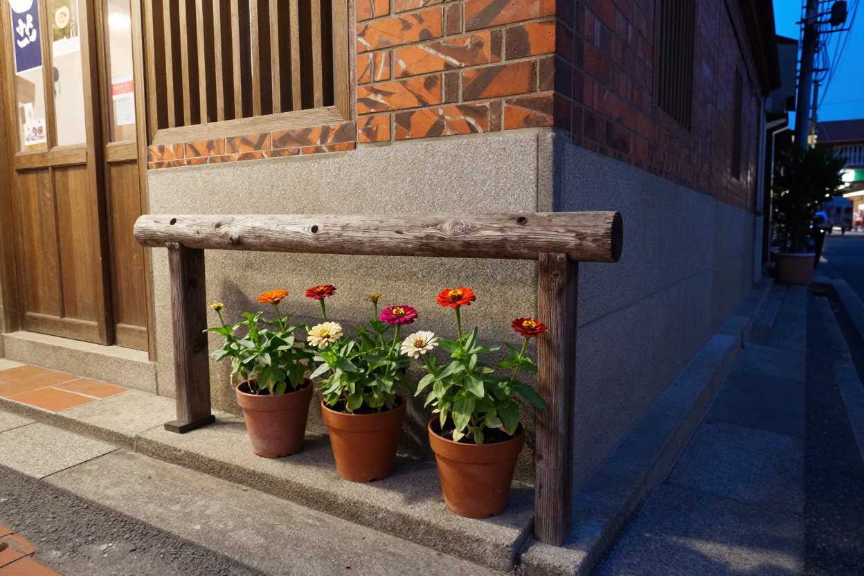Twilight Street Scene in Tainan Taiwan with Zinnias and Peg Rail in in Tainan, Taiwan