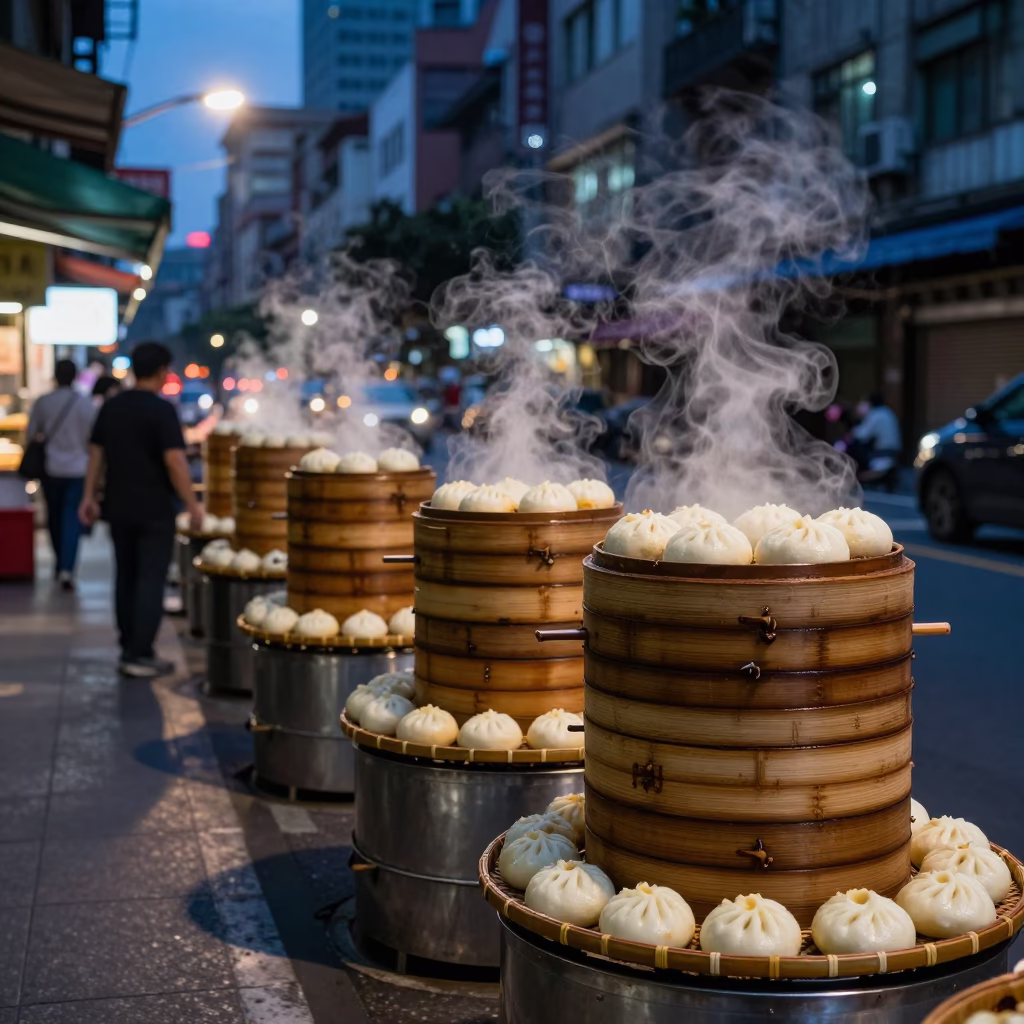 Twilight Street Scene in Taipei Taiwan with Bamboo Steamers and Urban Life in in Taipei, Taiwan