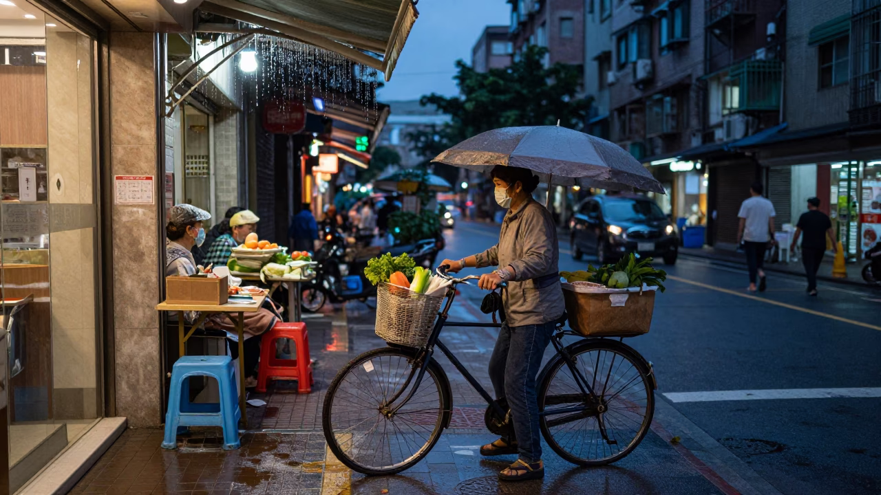 Twilight Street Scene in Taipei Taiwan with Bicycle Basket and Condensation in in Taipei, Taiwan