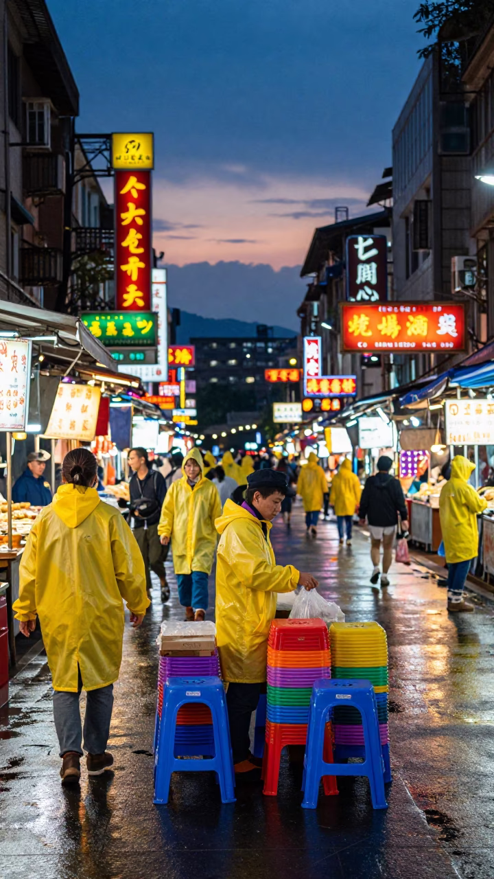 Twilight Street Scene in Taipei Taiwan with Colorful Vendors and Neon Lights in in Taipei, Taiwan