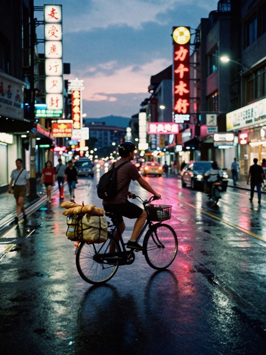 Twilight Street Scene in Taipei Taiwan with Cyclist and Neon Reflections in in Taipei, Taiwan