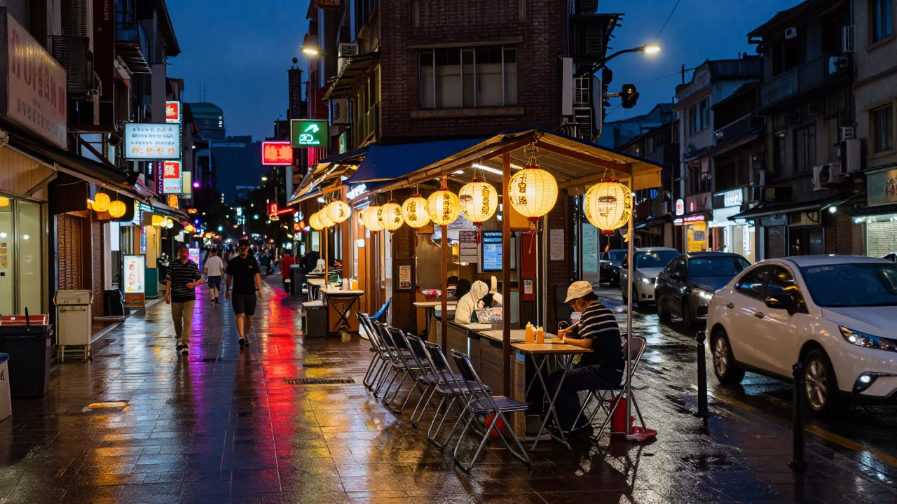 Twilight Street Scene in Taipei Taiwan with Folding Chairs and Lanterns in in Taipei, Taiwan