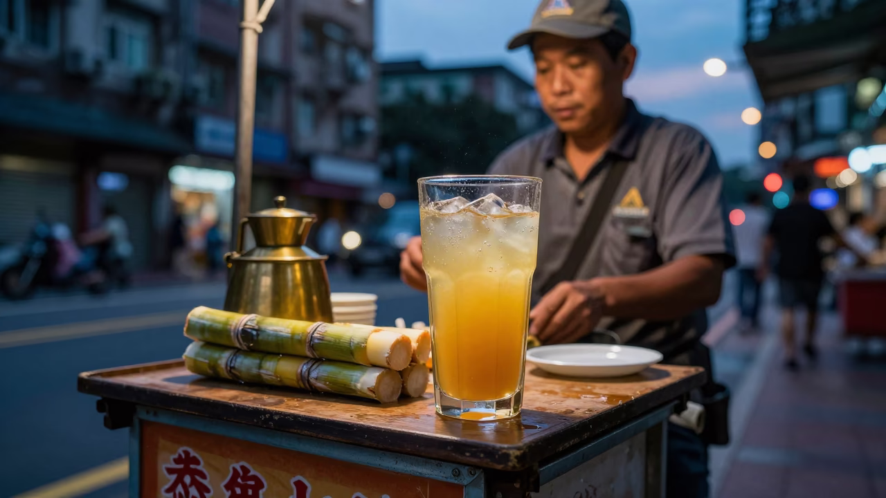Twilight Street Scene in Taipei Taiwan with Sugarcane Juice and Brass Details in in Taipei, Taiwan