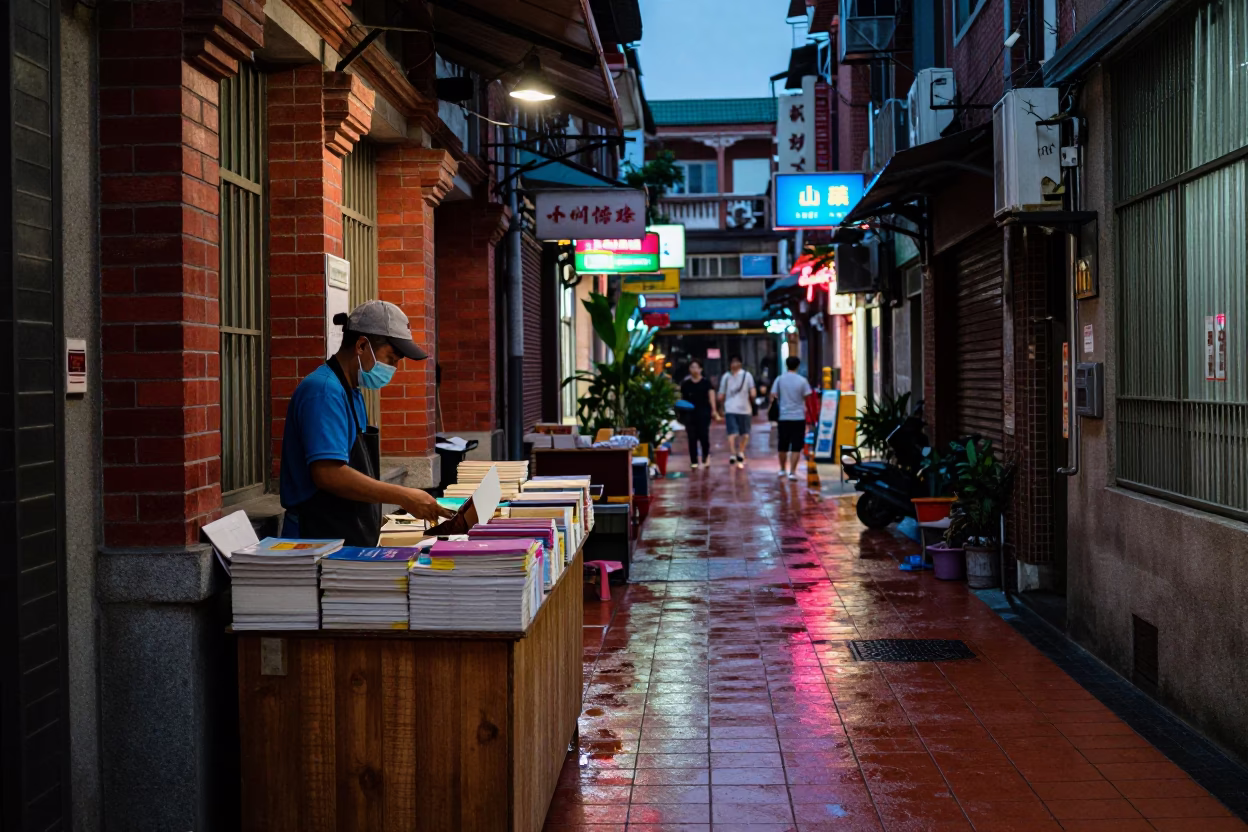 Twilight Street Scene in Taipei with Books and Tiled Floor Shadows in in Taipei, Taiwan