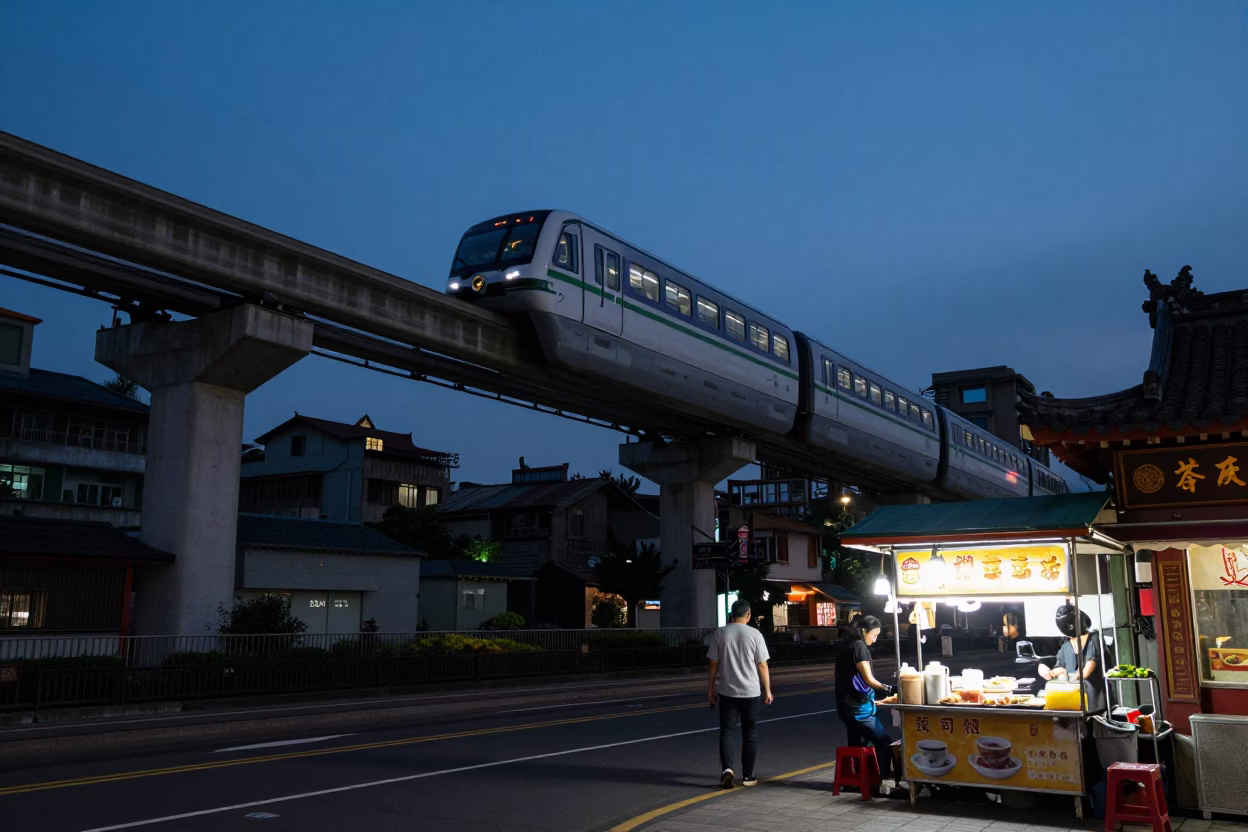 Twilight Street Scene in Taipei with Monorail and Traditional Tea Stains in in Taipei, Taiwan