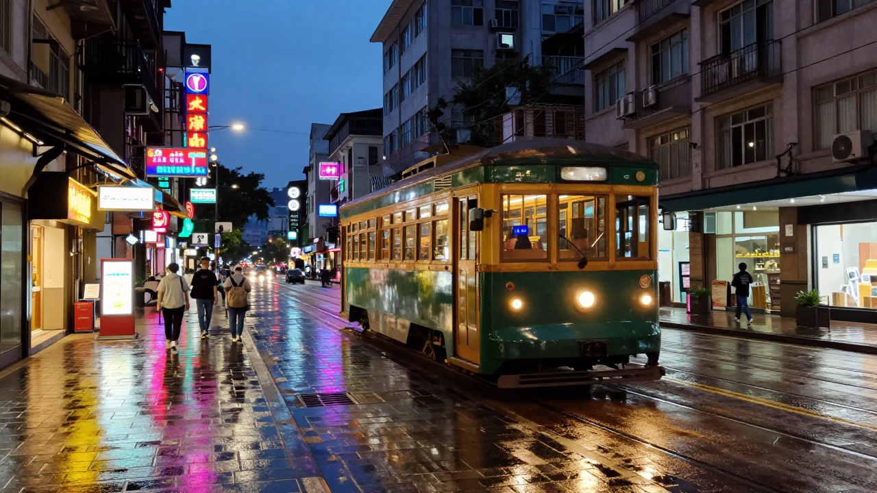 Twilight Street Scene in Taipei with Vintage Tram and Urban Life in in Taipei, Taiwan