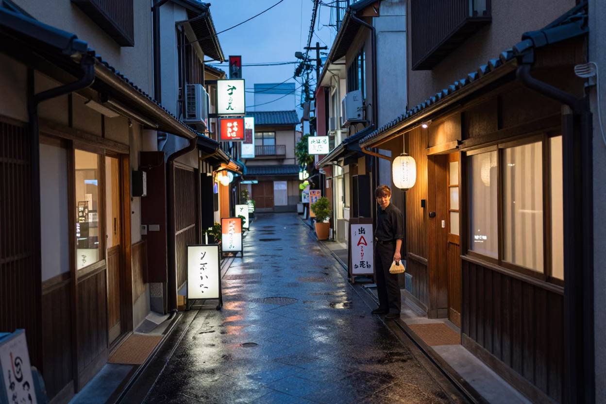 Twilight Street Scene in Tokyo Japan with Coat Brush and Window Light on Doorframe in in Tokyo, Japan