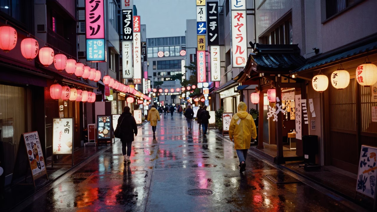 Twilight Street Scene in Tokyo Japan with Colorful Lanterns and Urban Rain in in Tokyo, Japan