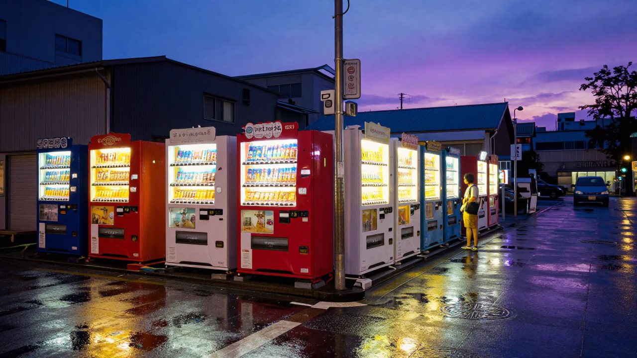 Twilight Street Scene in Tokyo Japan with Colorful Vending Machines and Neon Signs in in Tokyo, Japan