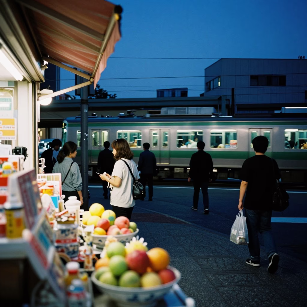 Twilight Street Scene in Tokyo Japan with Commuter Train and Blue Porcelain Bowl in in Tokyo, Japan