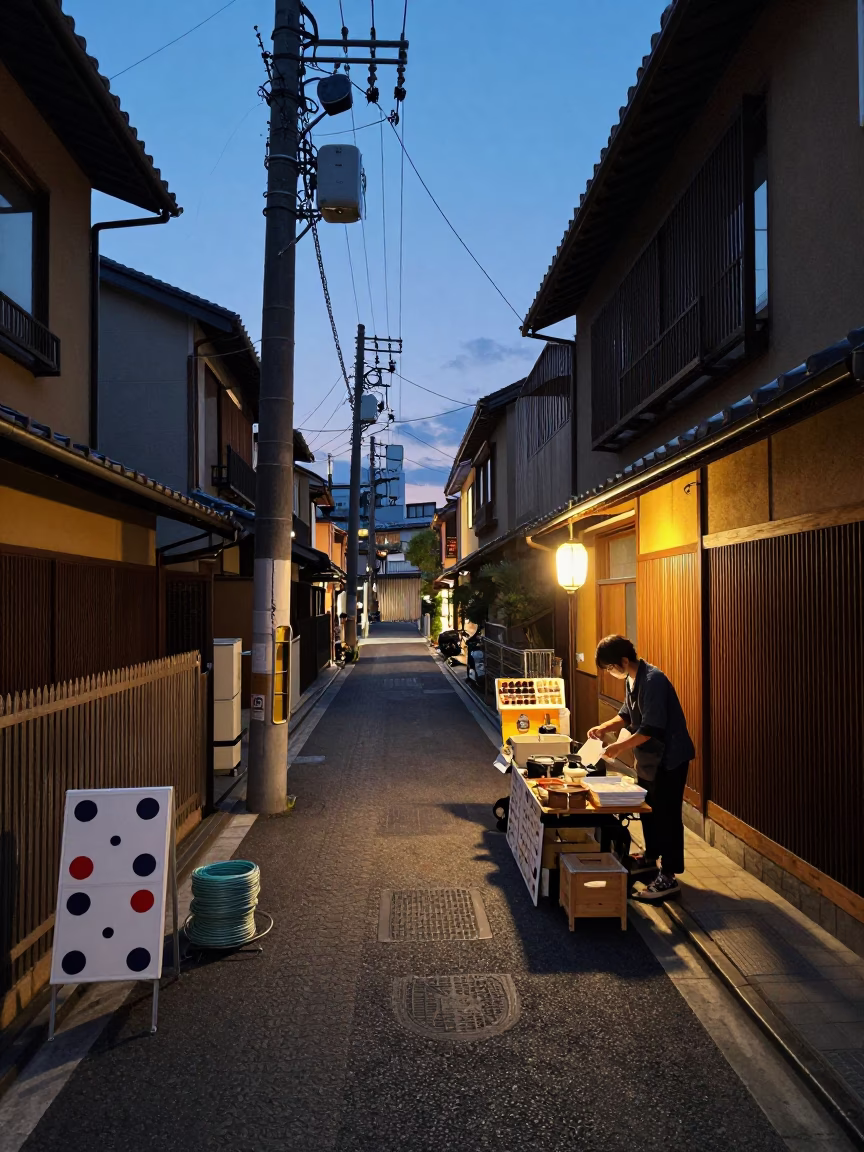 Twilight Street Scene in Tokyo Japan with Domino Box and Coiled Rope in in Tokyo, Japan